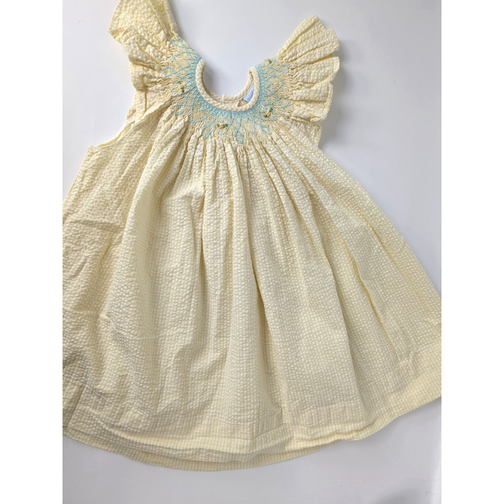 Remember Nguyen Girls Floral Smocked Dress Yellow White Seersucker Ruffle 24 Mo